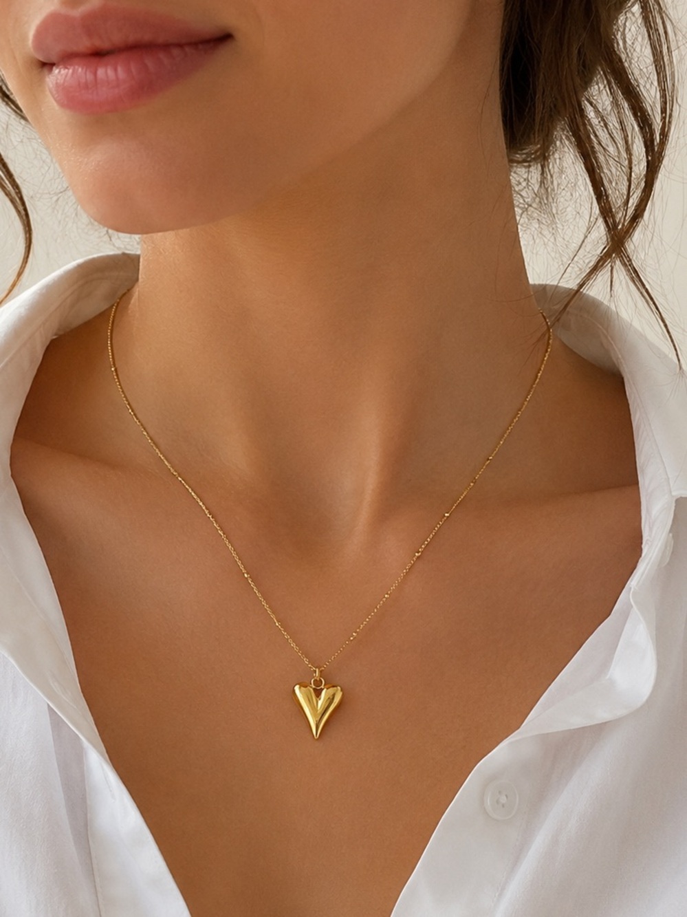 Gold Heart Necklace for Women, Puffy Heart Pendant Necklace, Stainless Steel